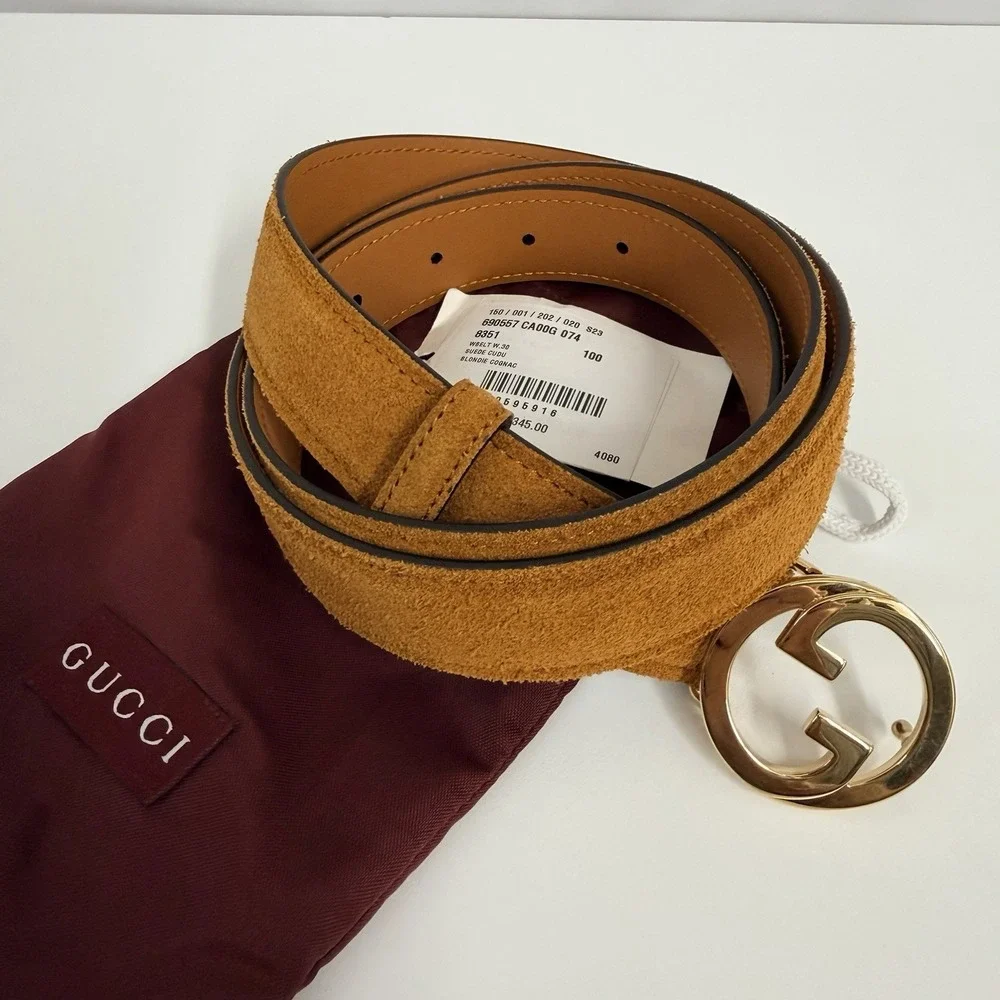 Gucci Suede Blondie Belt Cognac NWT GG Gold Interlocking Buckle Size 100